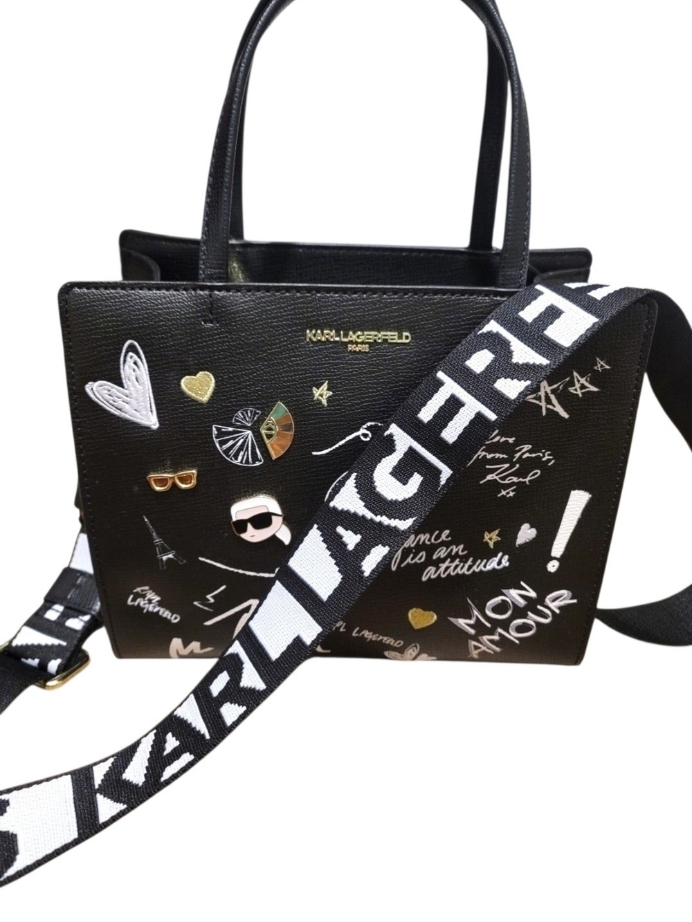 NWT Karl Lagerfeld Paris Maybelle Med. Satchel w/Pins, Patches & Graffiti Script